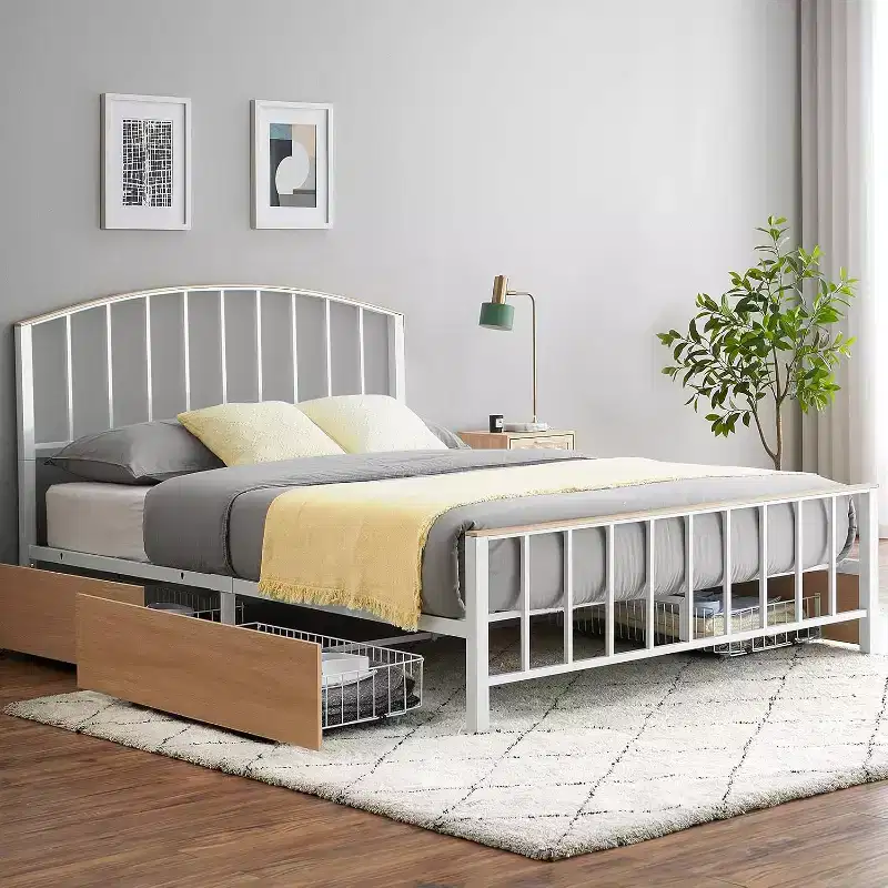 Bed Frame Metal Platform with Headboard,4 Storage Drawers Bed Frame, Queen Size Sturdy BedFrame with Under Bed Storage/No Box Spring Needed