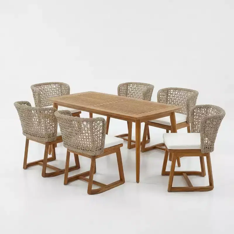Christopher Knight Home Hruni Modern 7 Piece Patio Acacia Dining Set with Slatted Table and Wicker Back
