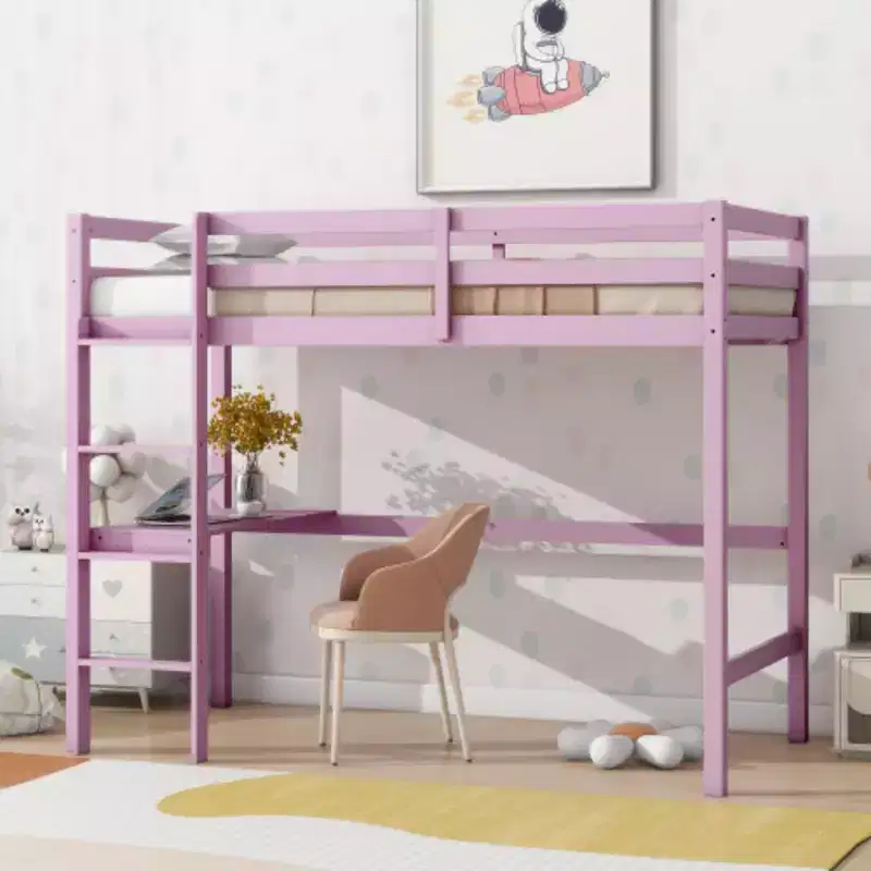 Elevated Twin Loft Bed Crafted from Rubberwood with Secure Guardrail and Built-in Desk