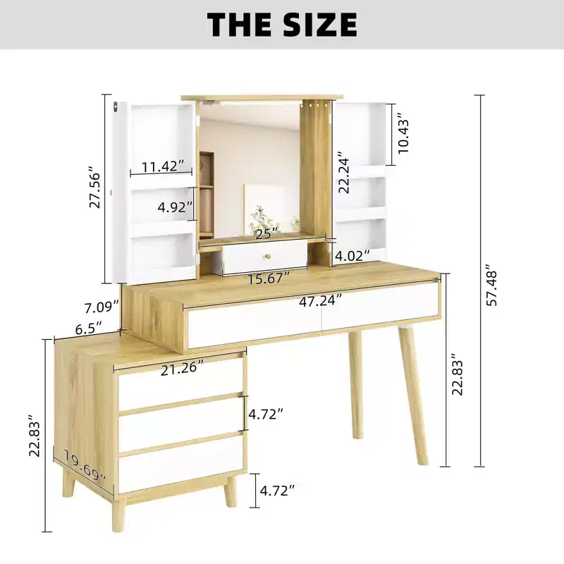 Makeup Vanity Desk with LED Mirror – 3 Color Modes, 6 Drawers & Open Shelves, Hidden Storage