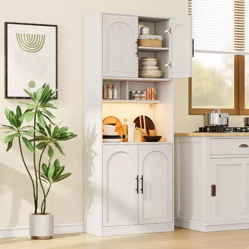 Kitchen Pantry Cabinet with RGB Lighting, Farmhouse Wood Hutch with Barn Doors, Microwave Stand, Two Open Shelves, Large Storage Cupboard