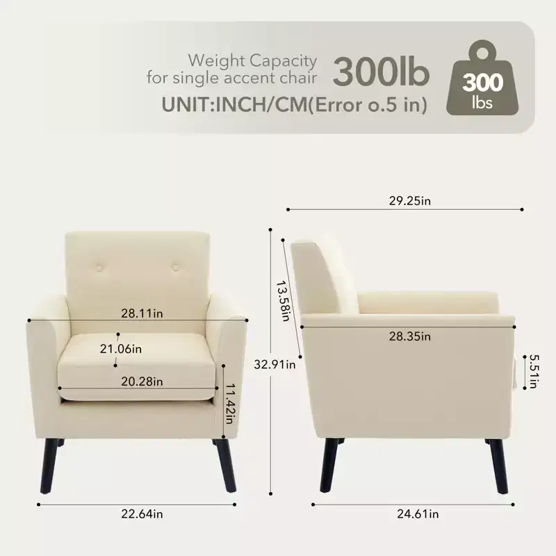 Living Room Upholstered Armchair, Modern Upholstered Fabric Accent Armchair with Wood Legs&Thicker Seat Cushion for Bedroom Office