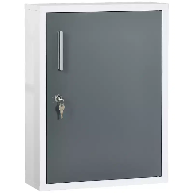 Bathroom Medicine Cabinet with Shelves Inside & On Door, Locking Medical Cabinet for Safety, First Aid Bathroom Wall Cabinet, White & Grey