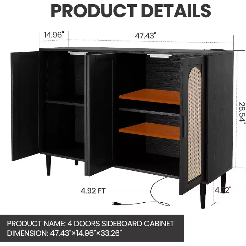 Rattan Sideboard with Power Outlet - Boho Buffet Cabinet, 4-Door Storage for Dining & Living Room