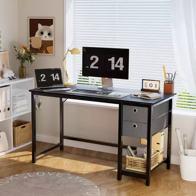48x20 Computer Desk with 2-Tier Drawers & Headphone Hook - Sturdy Particleboard & Metal Frame
