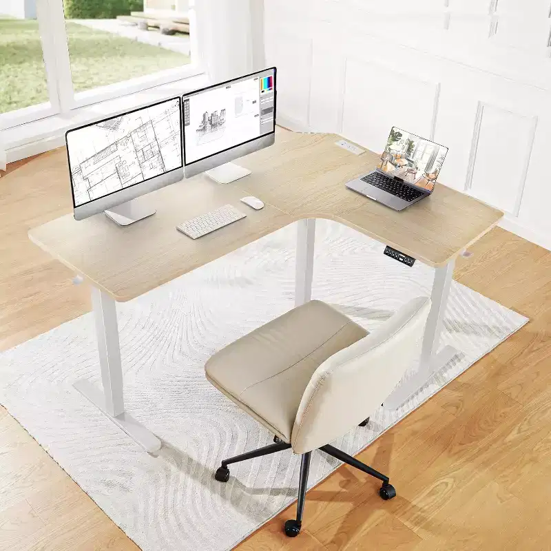 HUANUO 63 In Dual Motor L-Shaped Standing Desk, Built-in Power Outlets, Electric Height Adjustable Corner Computer Desk, Sit Stand Up Desk