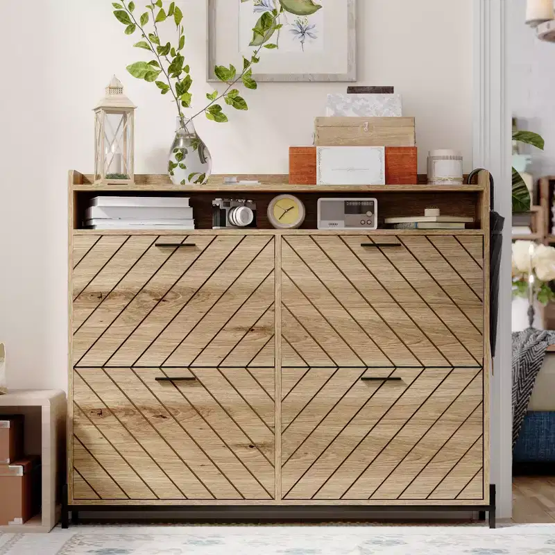 Farmhouse Shoe Storage Cabinet with 4 Flip Doors, Narrow Shoe Rack Organizer for Entryway Hallway Living Room