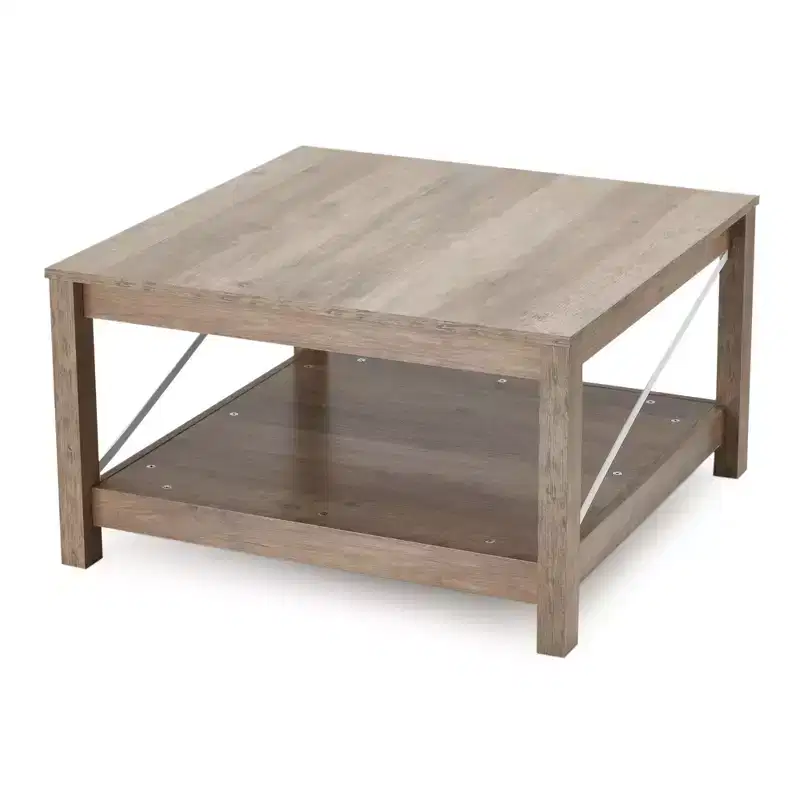 31.5 Inch Square Coffee Table with Bottom Storage Shelf, Modern Farmhouse Style Living Room Office Accent Table Furniture, Beige