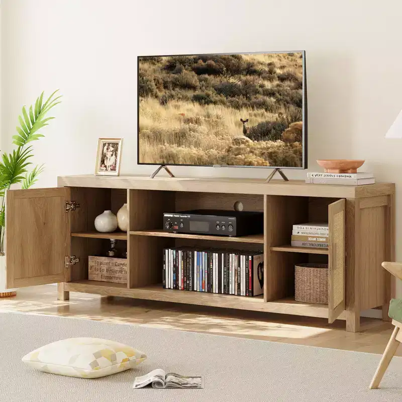 MDF Rattan 2-Door TV Stand with Adjustable Shelves for TVs up to 65