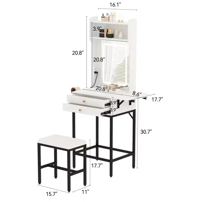 Small Makeup Vanity Desk with Lighted Mirror, Hair Dryer Holder, 2 Drawers & Fold-Up Panel