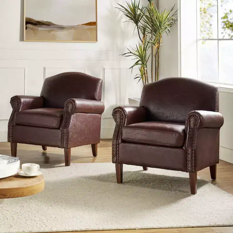 Set of 2 Gianluigi Transitional Vegan Leather Armchair with Nailhead Trim for Bedroom and Living Room| ART OF LIVING DESIGNS