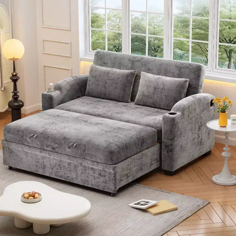 61.6 Modern Chenille Convertible Sofa Bed with USB Ports, Cup Holders & Adjustable Backrest for Living Room, Apartment