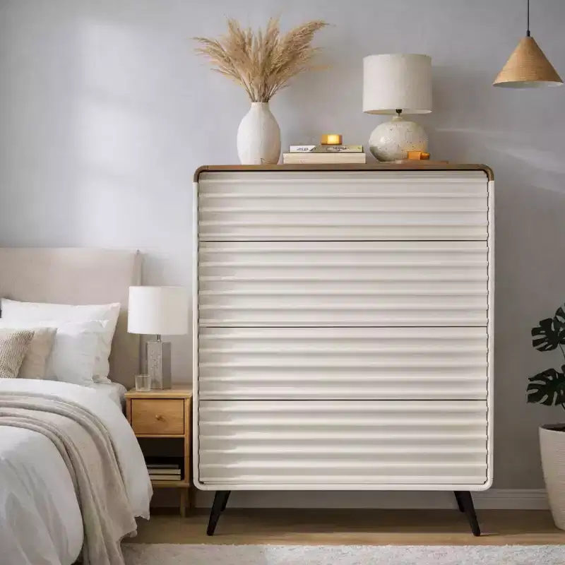 SinCiDo 5 Drawers Dresser, 48 Tall Mid Century Modern Fluted Wood Chest with Tapered Legs for Bedroom, Living Room, Hallway & Closet