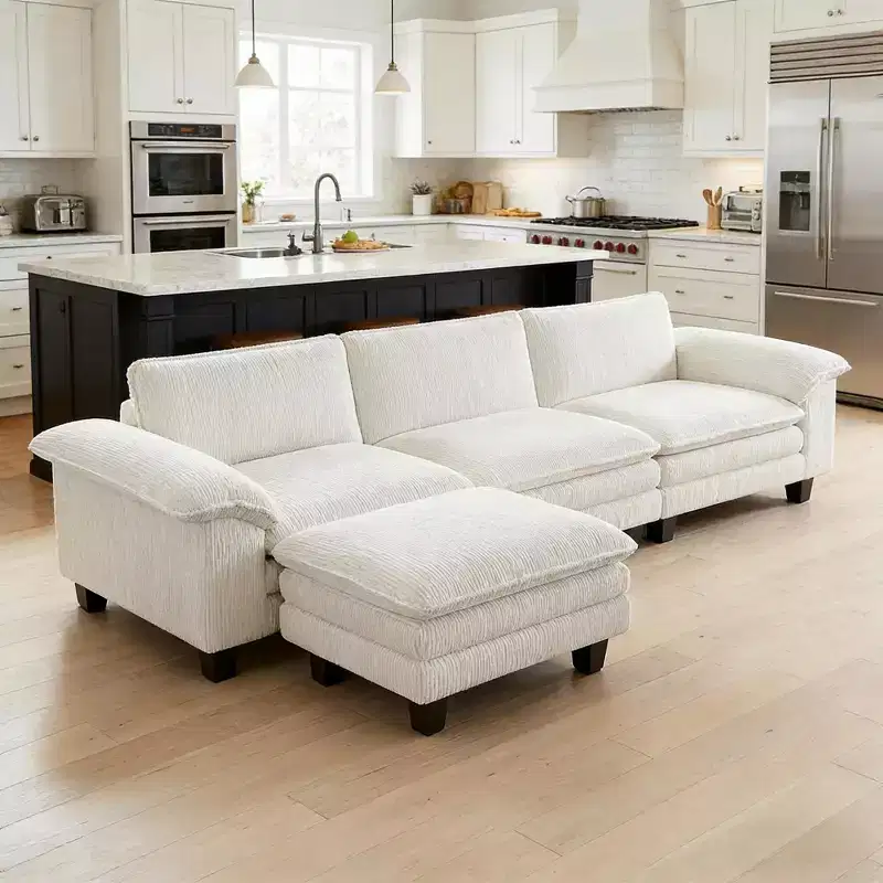 GDFStudio Huehi Modern 124 L-Shaped Wooden Corduroy Upholstered Sectional Sofa with Movable Ottoman