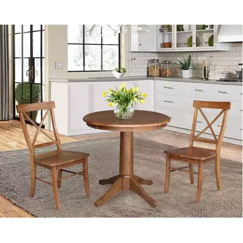 30" Corla Round Top Pedestal Table with 2 X Back Chairs Dining Sets Distressed Oak - International Concepts