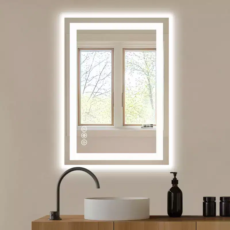 Okak Anti-fog LED Bathroom Mirror with 2 Light Source & 3 Lighting Modes Anti-Rust Wall Mirror for Bathroom, Living Room, Bedroom, Silver