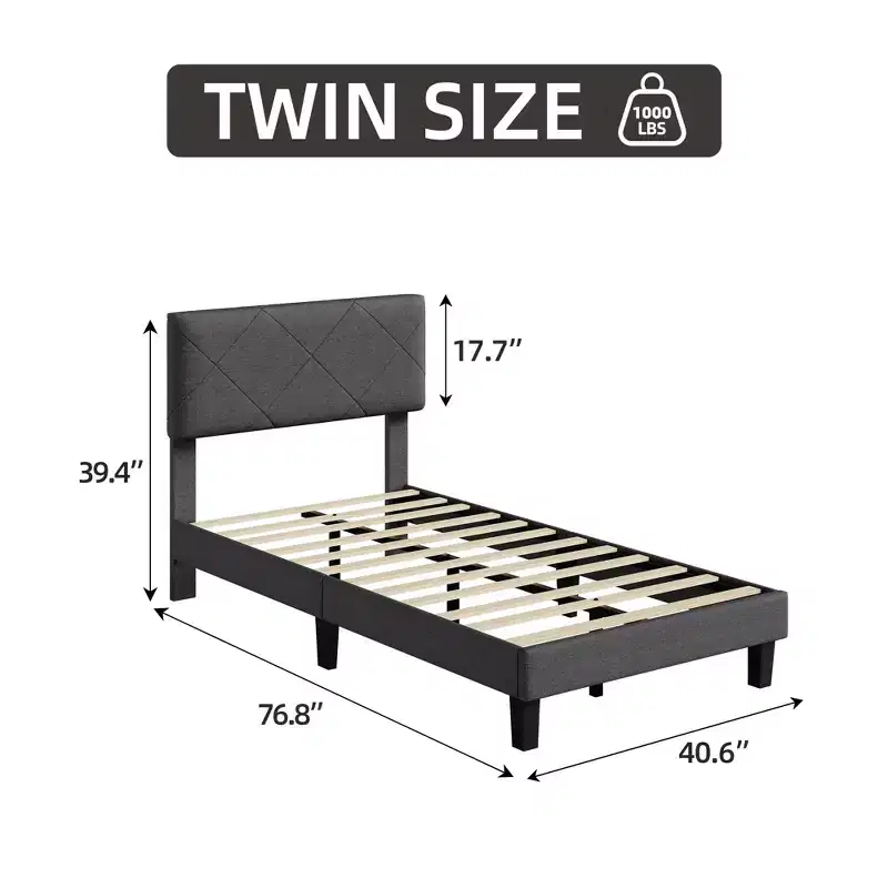 GustoWave Twin/Full/Queen/King Size Bed Frame with Upholstered Headboard - Gray Platform Bed with Wooden Slats
