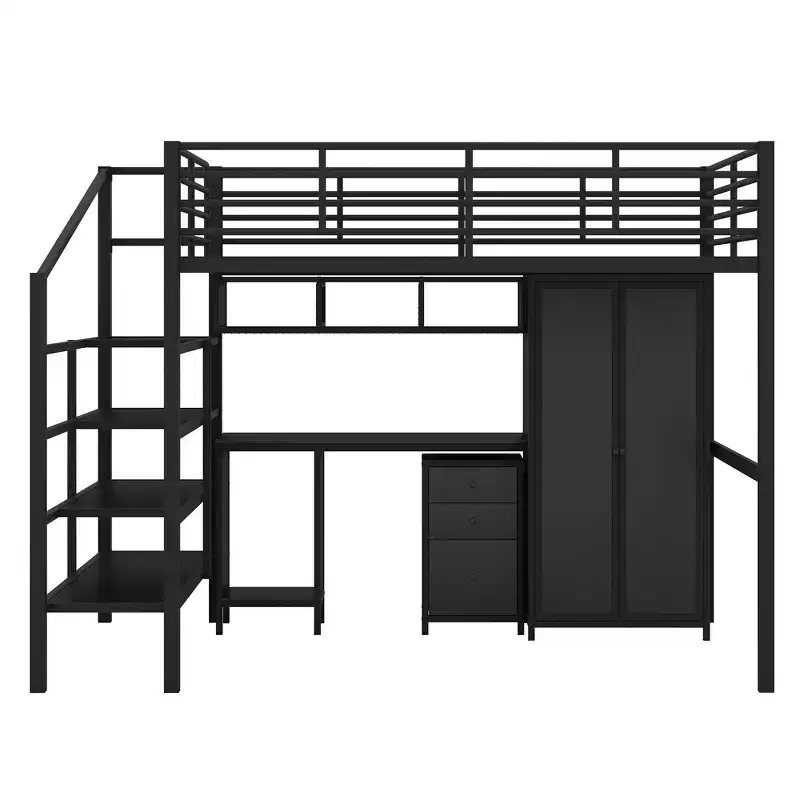 Full Size Loft Bed with Desk, Industrial Metal Loft Bed with Wardrobe and Cabinet and Stairs for Small Space, Black