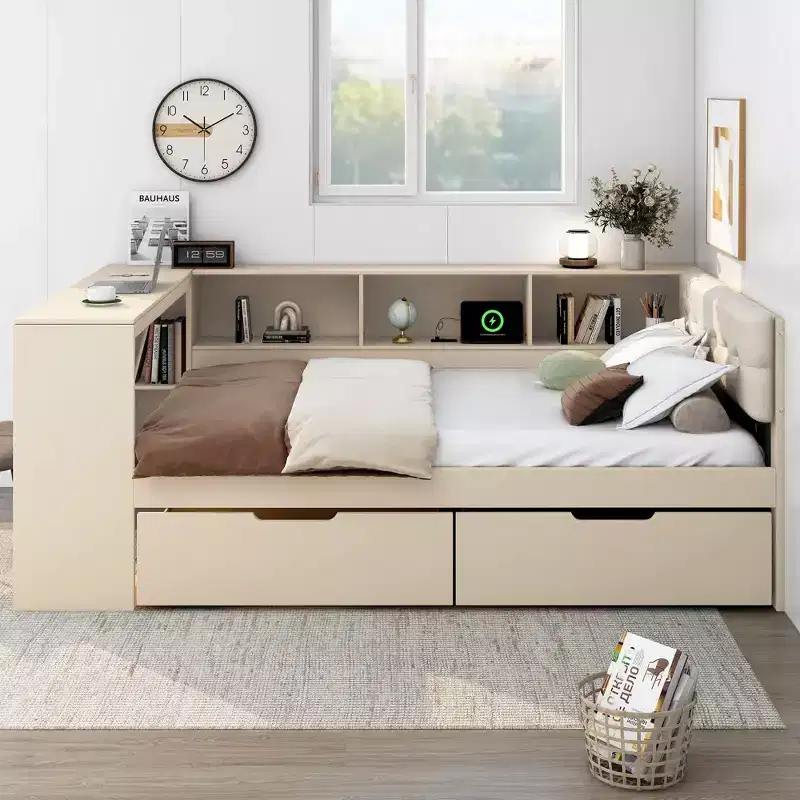 Clihome Wood Full Size Platform Bed with Storage Shelves, Drawers, Charging Station and Upholstered Headboard
