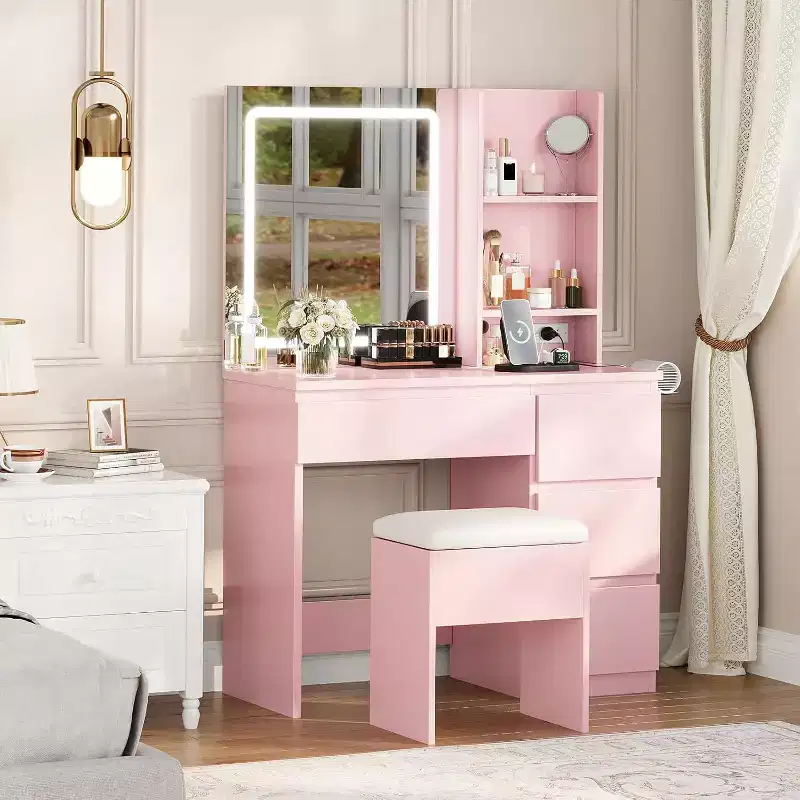 Makeup Vanity Desk with Lighted Mirror and 4 Drawers, Pink