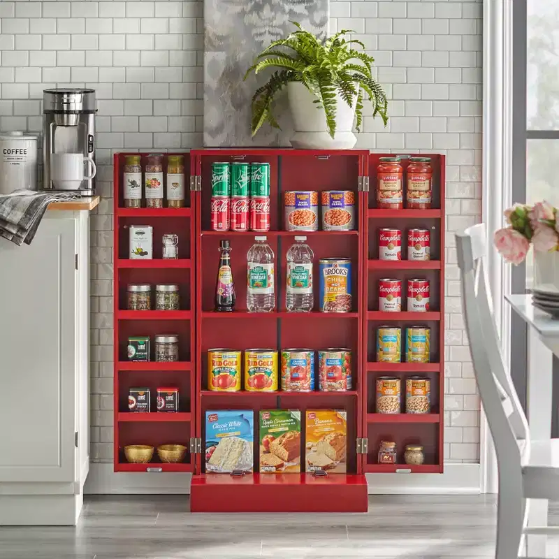 Red Utility Storage Cabinet – Transitional Style, MDF, 13 Shelves