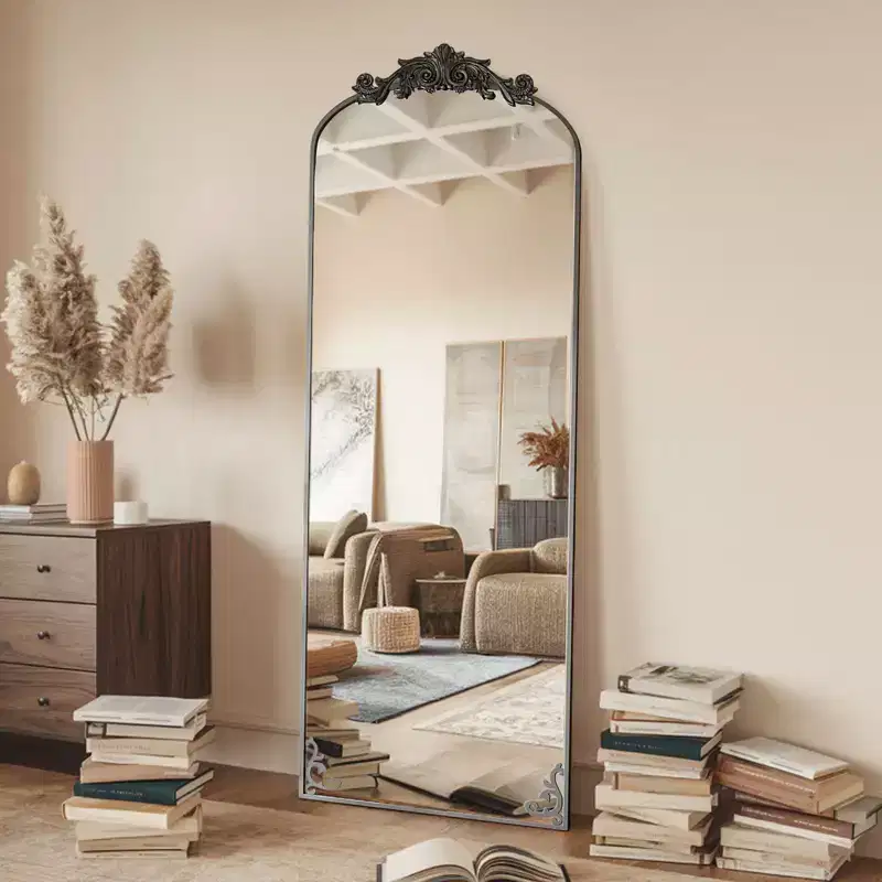 65x22 Arched Full Length Mirror Metal Vintage Mirror Baroque Style,Black