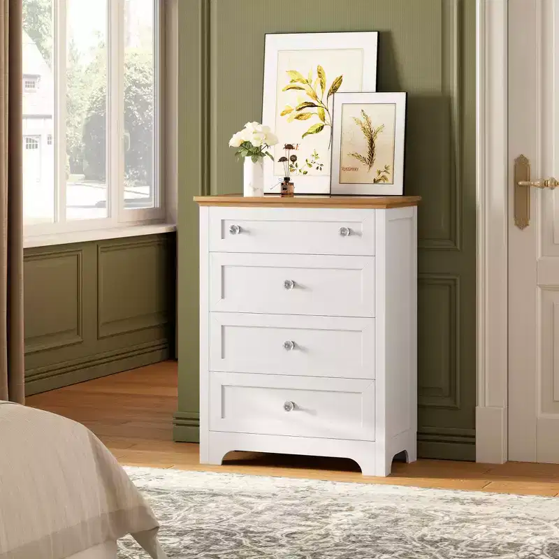 White 4-Drawer Dresser with LED Lighting & Antique Handles