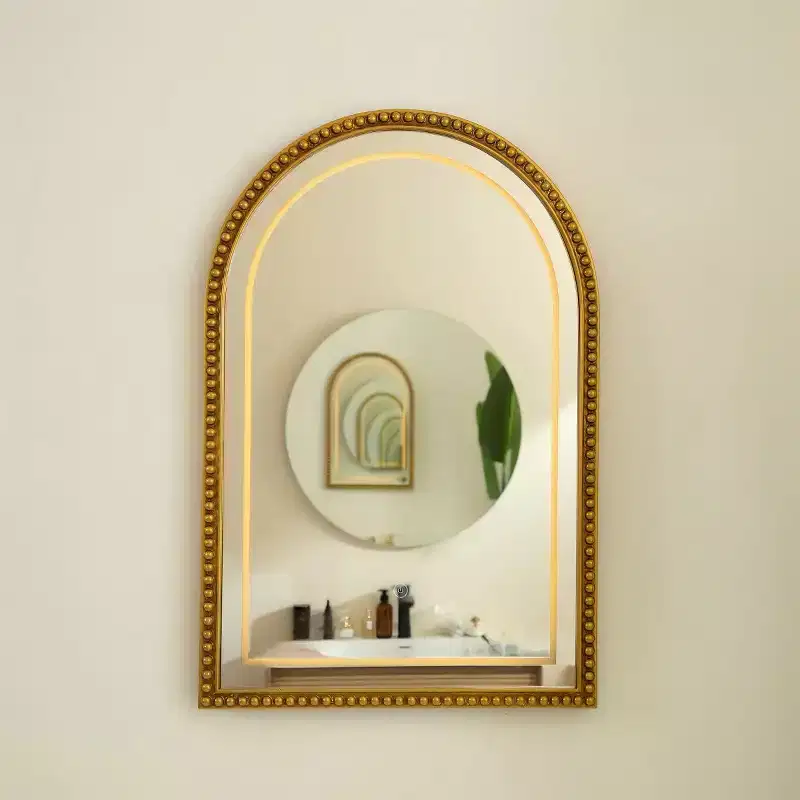 20 Beaded Arch Decorative Wall Mirror with LED Lighting, Retro Vanity Mirror with 3 Color Modes for Bathroom or Entryway-Panipeachy
