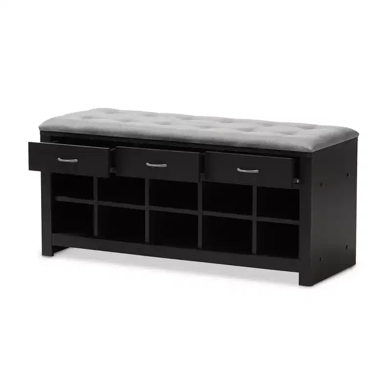 Modern and Contemporary Espresso Finished Fabric Upholstered Cushioned Entryway Bench, Light Gray / Dark Brown