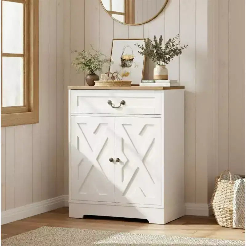 Farmhouse Coffee Bar Cabinet, White, with 2 Doors, Drawer, Adjustable Shelf, 150lb CapacityEasy Assembly for Kitchen, Dining, Entryway