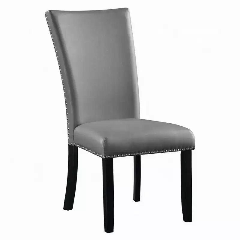 Side Dining Chair Set of 2, Gray Faux Leather, Nailhead Trim