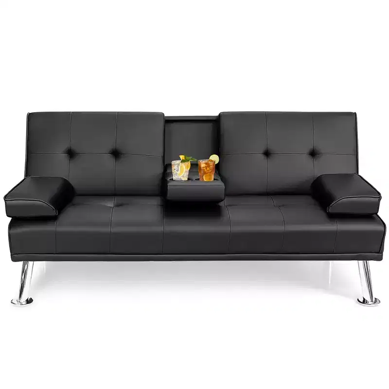Convertible Folding Futon Sofa Bed Leather w/Cup Holders & Armrests