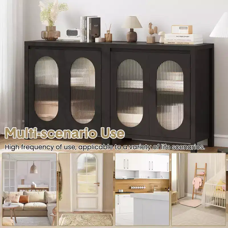 32 Modern Sideboard Cabinet with Glass Doors & Adjustable Shelves - Black Accent Storage for Living Room