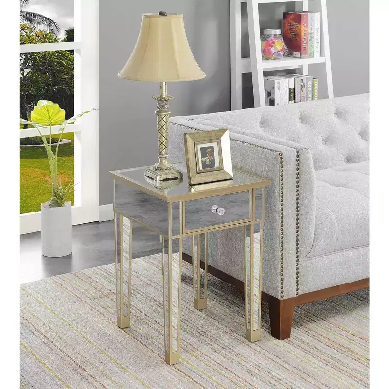 Mirrored End Table with Drawer & Faux Crystal Knob, Elegant Accent Table with Fir Wood Base