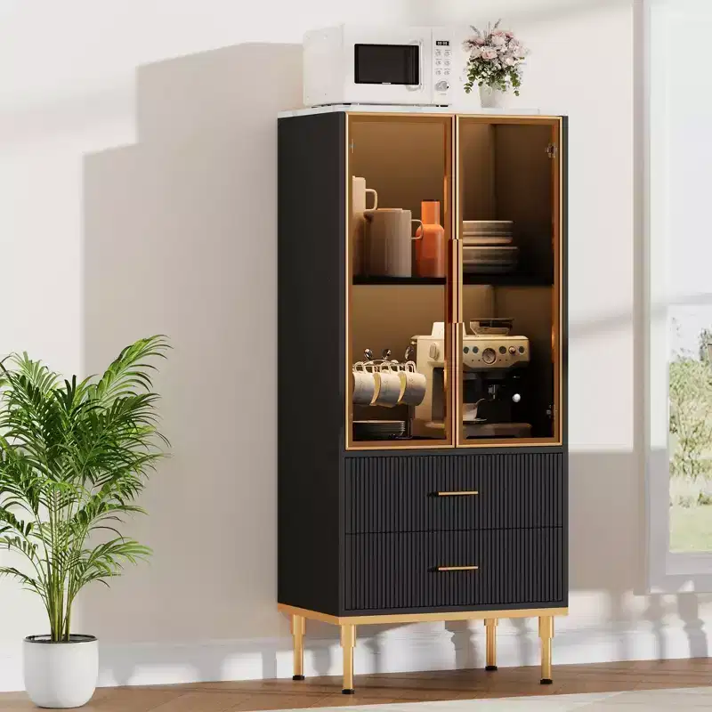 Fluted Storage Cabinet with Glass Doors & 2 Drawers, Modern Buffet Sideboard with Adjustable Shelves for Kitchen, Dining, Living Room
