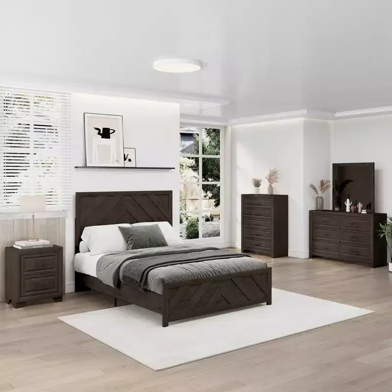 Furniture Bedroom Set 5-Piece Antique Natural Queen Size Wood Bedroom Set - Bed, 2 Chest, Mirror and Nightstand