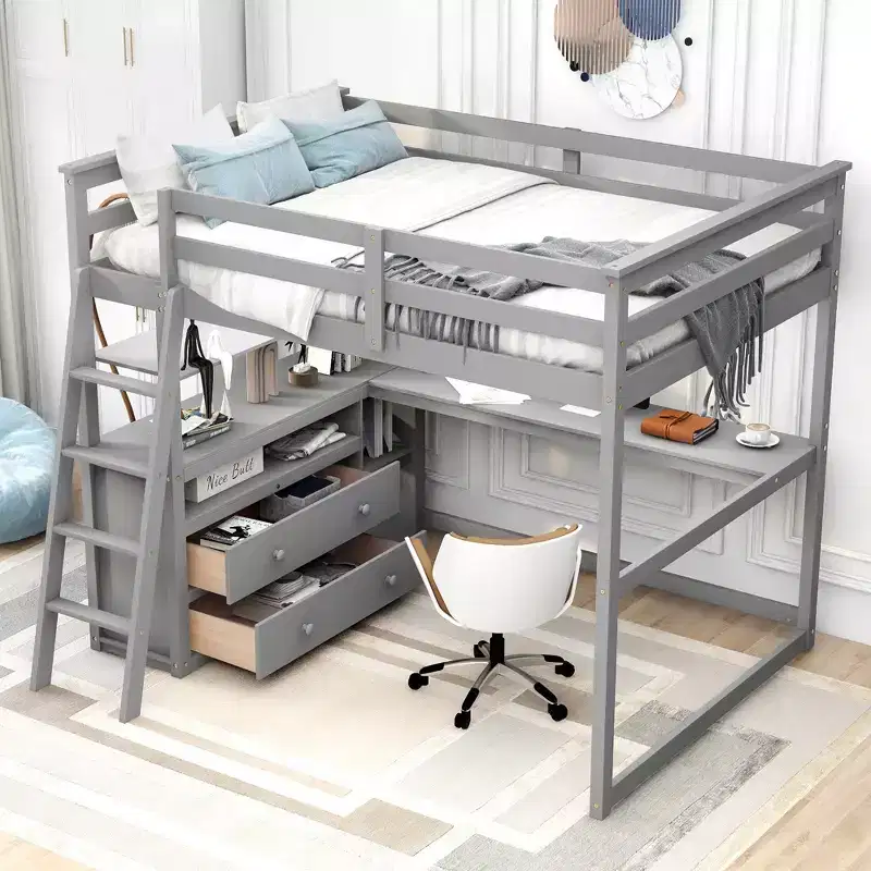 Full Size Loft Bed with Desk, Shelf and Two Built-in Drawers