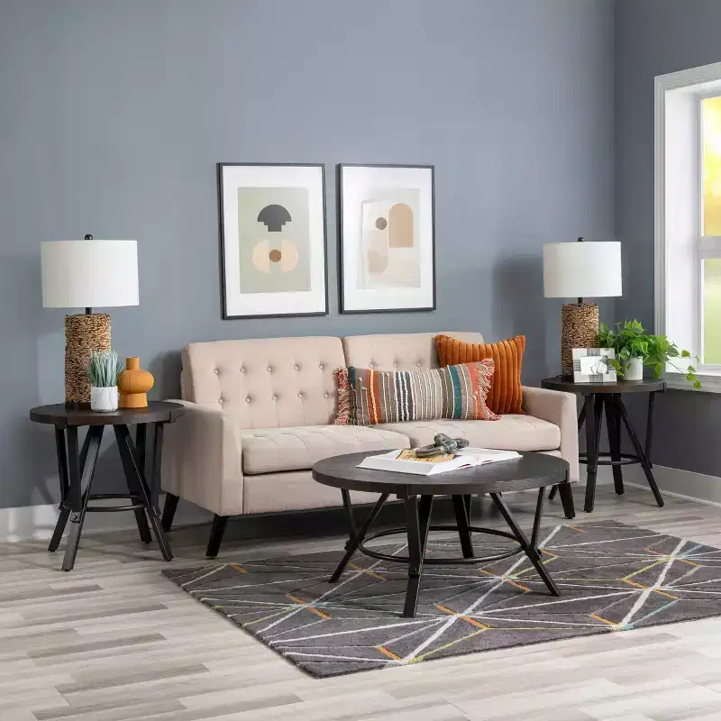 Powell 3pc Galway Wood Top and Charcoal Gray Metal Round Coffee and Side Table Set Charcoal Brown: Rustic Living Room Furniture Set