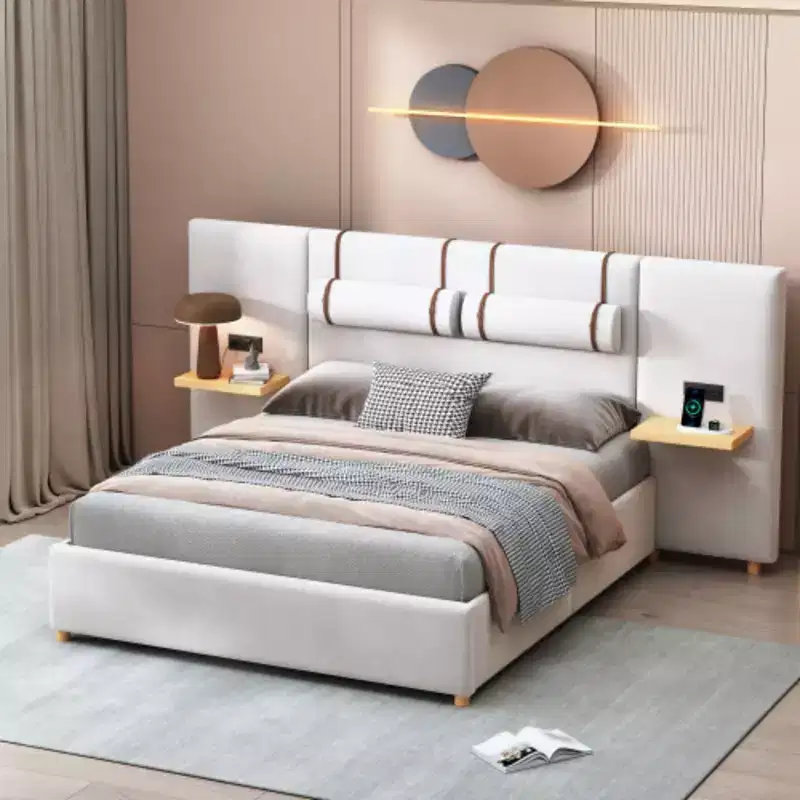 Queen-Size Velvet Upholstered Platform Bed with Dual Outlets, USB Charging Ports, Bedside Pillows, and Storage Shelves