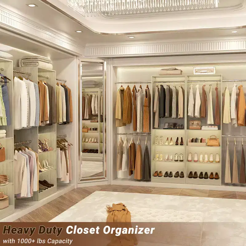 5-10FT Closet System with 5 Hanging Rods and Shelves, Expandable Closet Organizer for Bedroom