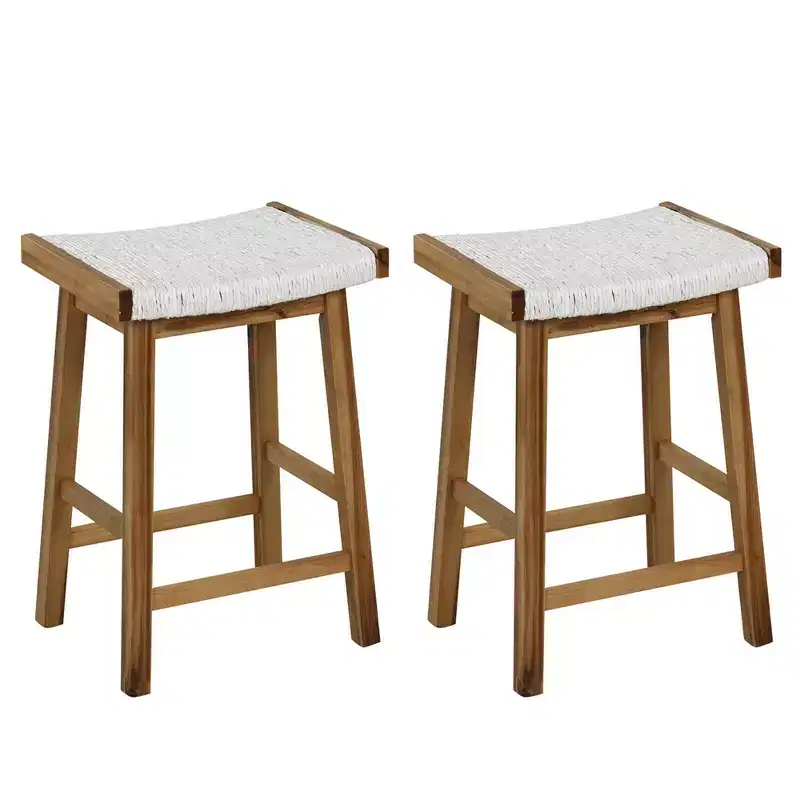 Costway 25.5'' Dining Saddle Stool Set of 2 Counter Height Seaweed Woven Seat Solid Wood