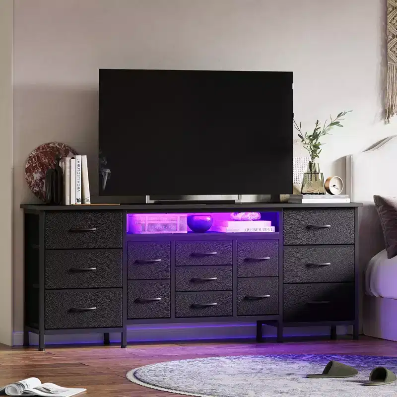 COZONY 70 Black Dresser with 13 Fabric Drawers & LED Lights, Wide TV Stand Chest with Metal Frame for Bedroom & Living Room