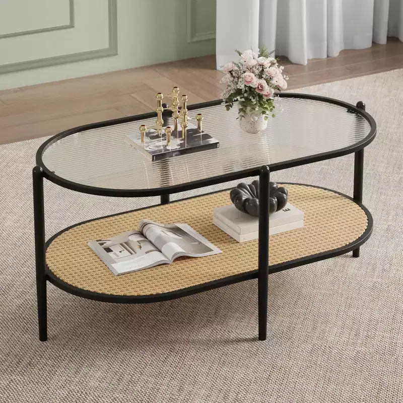Farmhouse Rattan Coffe Table with Storage Shelf,Water-Wave GlassTabletop Cocktail Tea Table