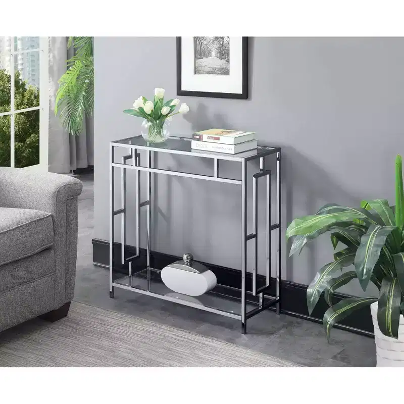 Town Square Chrome Hall Table Chrome - Breighton Home: Modern Glass Shelf, Silver Metal Frame