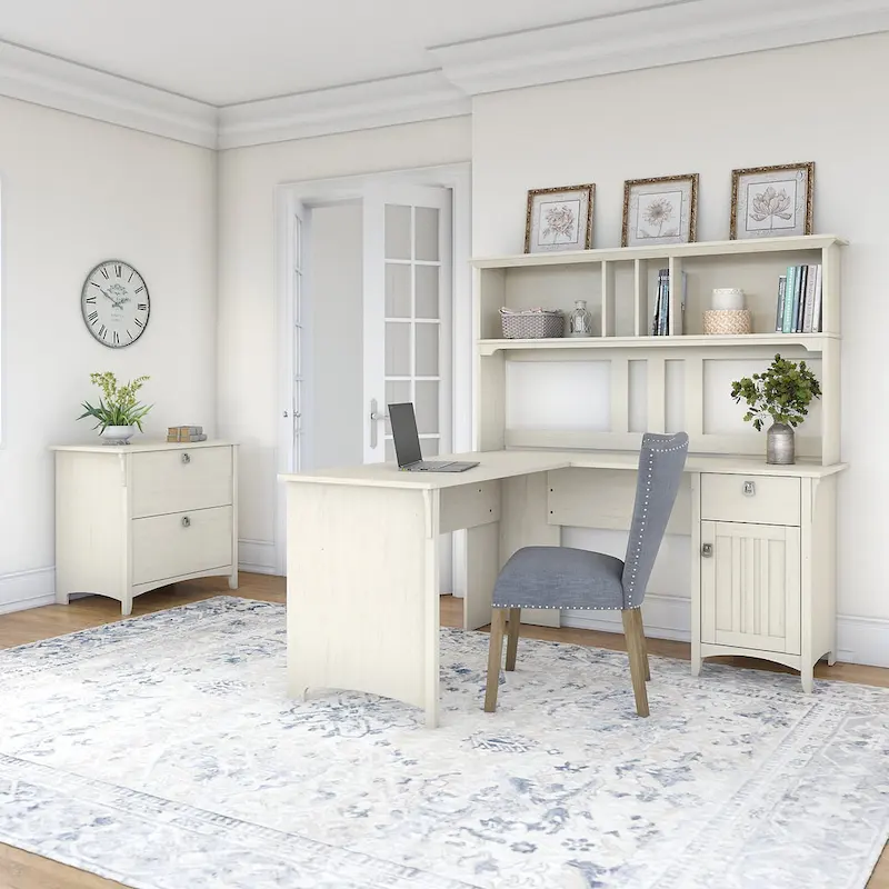 Antique White L-Shaped Desk Suite with Hutch & File Cabinet – 1 Person