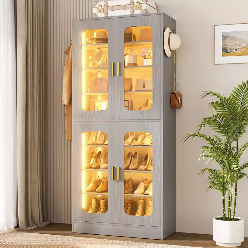 Besiost Shoe Cabinet With LED Light, Closet Shoe Organizer with Adjustable Shelves