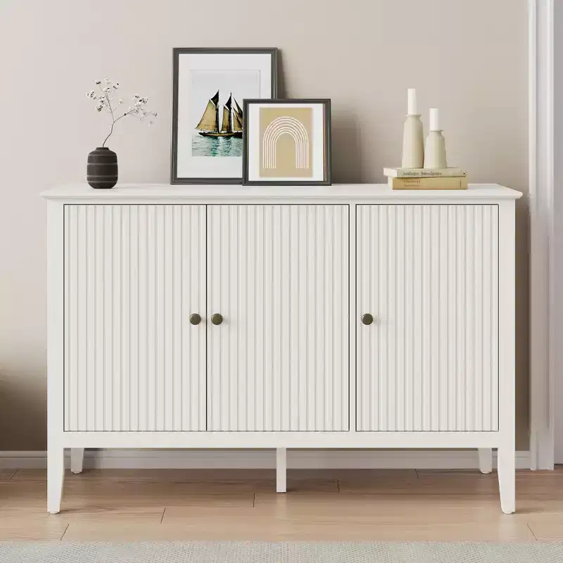 Heynemo Fluted 3-Door Cabinet, Modern White Buffet Cabinet with Adjustable Shelves & Metal Knobs, Sideboard Coffee Bar Cabinet, Storage Cabinet,White