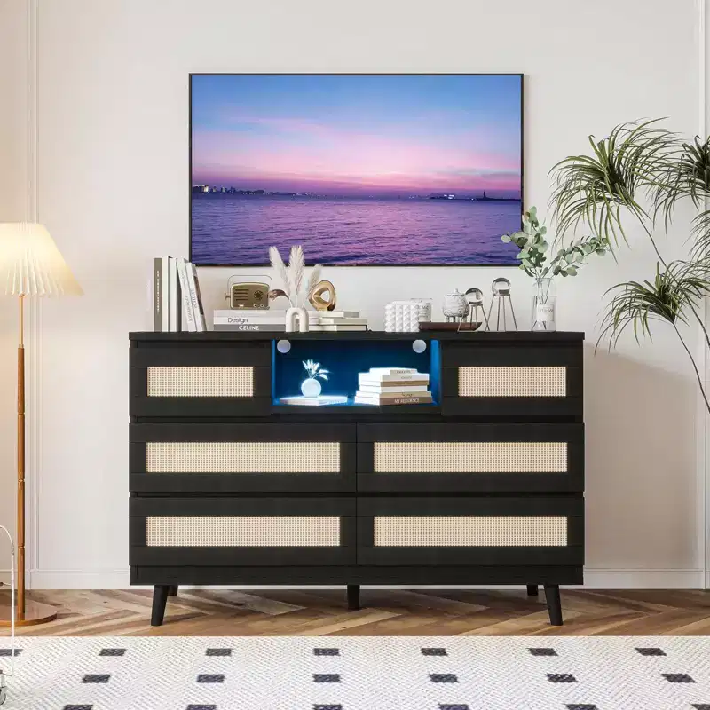 Large Wooden Rattan 6 Drawers, Natural Wood Dressers with LED Light and Charging Station for Closet, Nursery, Living Room