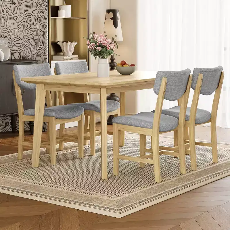 GDFStudio Conner Farmhouse-Style 5-Piece Dining Set 1 Solid Wood Table and 4 Upholstered Chairs