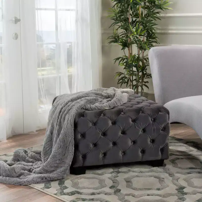 Gray / Navy Blue Velvet Button Tufted Square Ottoman – Seats 1